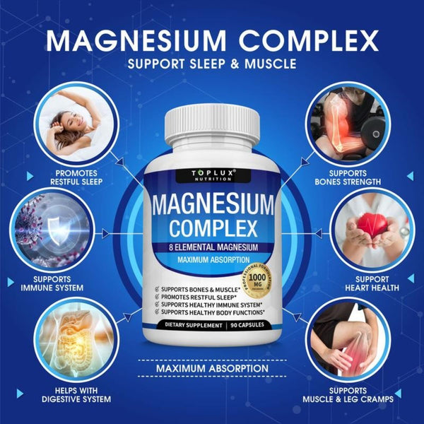 Toplux Magnesium Complex Supplement: 1000Mg of 8-Element Magnesium, 90 Capsules